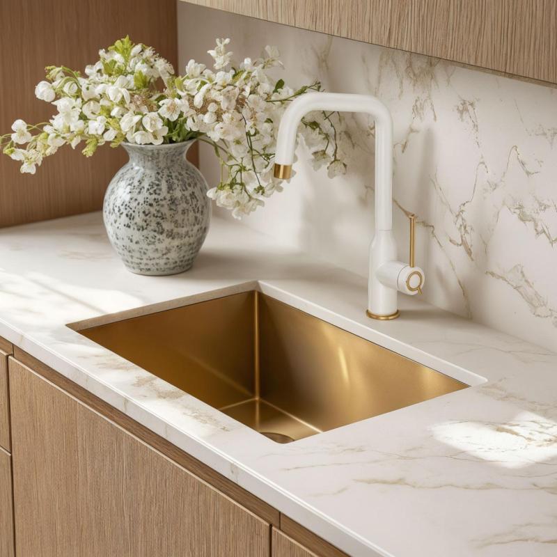 Quadri Stamford Küchenarmatur Weiß mit PVD Gold Finish mit schwenkbarem Winkelauslauf 1208967697