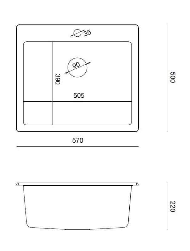 Quadri Sheffield Anthrazit Granit Aufsatz- oder Flachbündige Spüle 57x50 cm mit Armaturenbank und Kupferstopfen - 1208967814