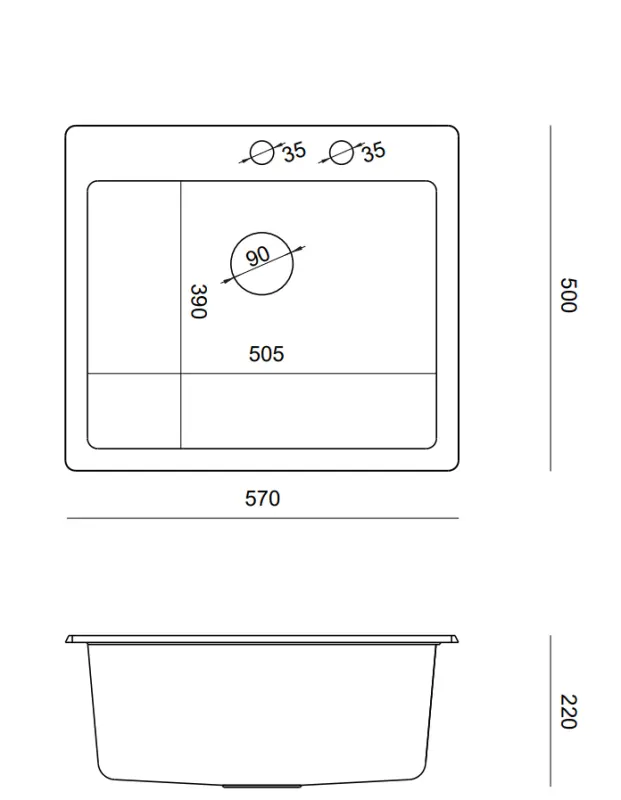 Quadri Sheffield Weißes Granit Aufsatz- oder Flacheinbau-Spülbecken 57x50 cm mit Hahnbank und Kupferstopfen - 1208967818
