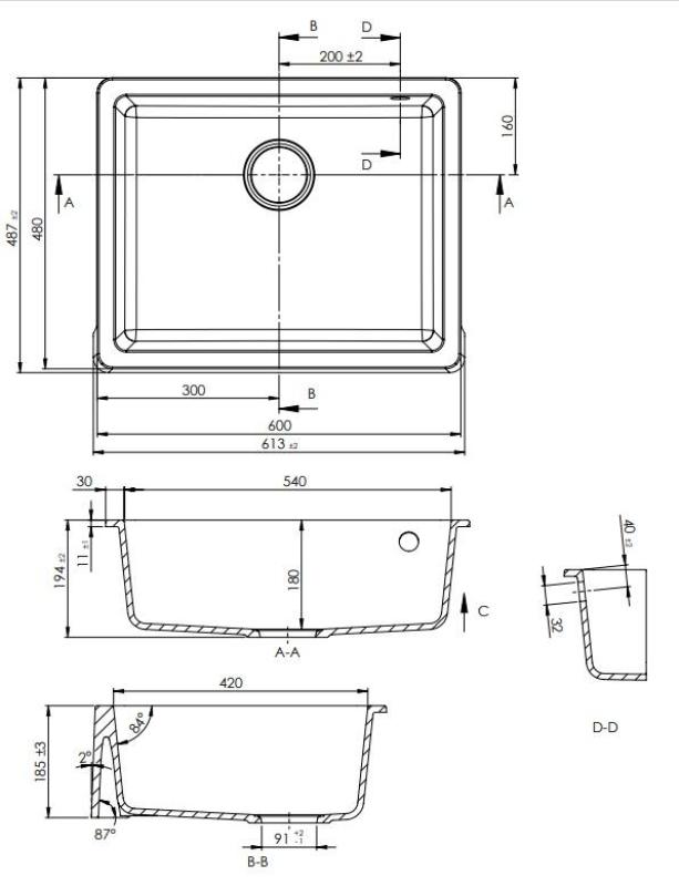 GraniteMy Tradition Ländliches Spülbecken Granitspüle 60x48 cm Schwarz Unterbau und Flachbau mit Gun Metal Stopfen 1208967939