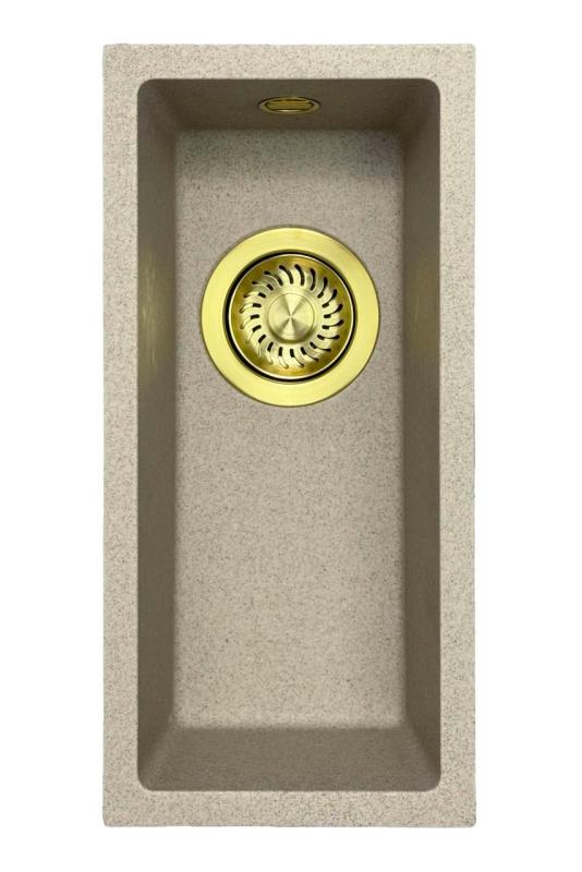 GraniteMy Universal Granit beige Sand kleine Spüle 17x40 cm Aufsatz, Unterbau und flächenbündig mit goldenem Stöpsel 1208968003
