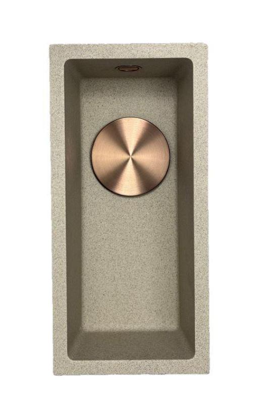 GraniteMy Universal Granit beige sandfarben kleines Spülbecken 17 x 40 cm Aufsatz, Unterbau und flächenbündiger Einbau mit Kupferstopfen 1208968004