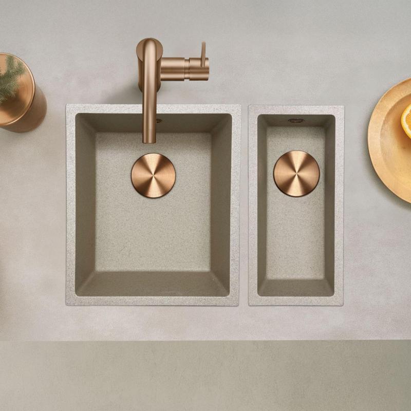 GraniteMy Universal Granit beige sandfarben kleines Spülbecken 17 x 40 cm Aufsatz, Unterbau und flächenbündiger Einbau mit Kupferstopfen 1208968004