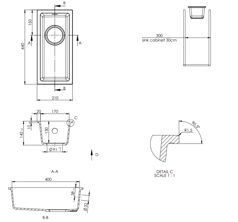 GraniteMy Universal Granit beige Sand kleine Spüle 17x40 cm Aufsatz, Unterbau und flächenbündig mit Gun-Metal-Stöpsel 1208968006