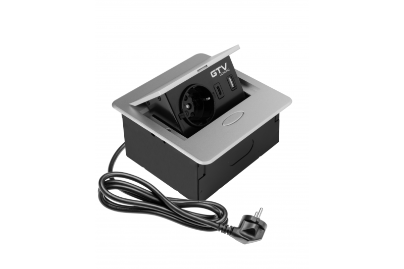 AVARO Einbau-Möbelsteckdose, 1x Schuko-Steckdose, USB A+C, 1,5m Kabel, Silber