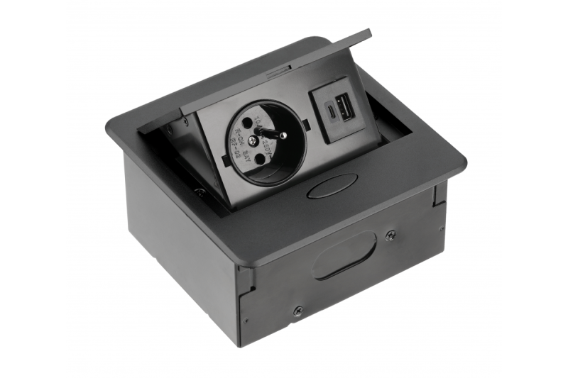 AVARO Einbaumöbelsteckdose, 1x französische Steckdose, USB A+C, 1,5m Kabel, Schwarz