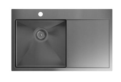Aquadesign Clara Spülbecken Gun Metal 78 x 48 cm Aufsatz oder Einbau mit Abtropfgestell, Lochbank und Gun Metal-Stopfen – 1208969498