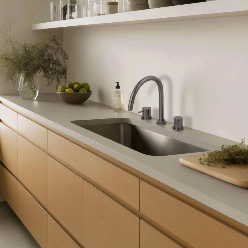 Waterrevolution Flow 3-Loch Küchenmischer mit schwenkbarem Auslauf und Filterwasseranschluss Gun Metal T152UGME