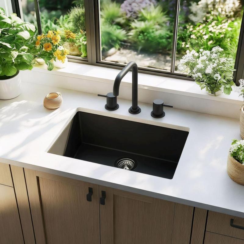 Wasserevolution Flow 3-Loch-Winkel-Küchenarmatur mit schwenkbarem Auslauf und Anschluss für gefiltertes Wasser schwarz T152HPR