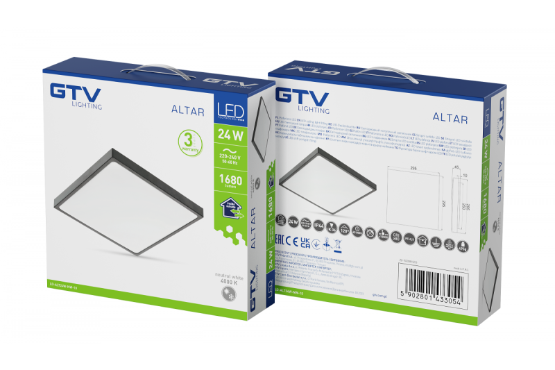 ALTAR LED Deckenleuchte, 295x295mm, 4000K, 24W, 1680lm, AC180-250V, 50/60 Hz, PF>0.5, IP54, schwarz, 3 Jahre Garantie.