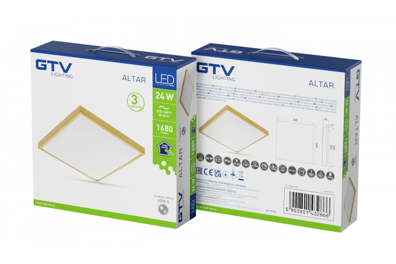 ALTAR LED Deckenleuchte, 295x295mm, 4000K, 24W, 1680lm, AC180-250V, 50/60 Hz, PF>0.5, IP44, Goldfarben, 3 Jahre Garantie.