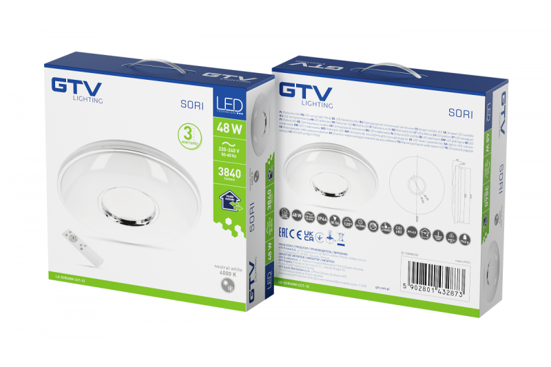 SORI LED-Deckenleuchte, Ø490mm, CCT, 48W, 3840lm, AC180-250V, 50/60 Hz, PF>0,9, IP54, Fernbedienung, weiß, 3 Jahre Garantie.