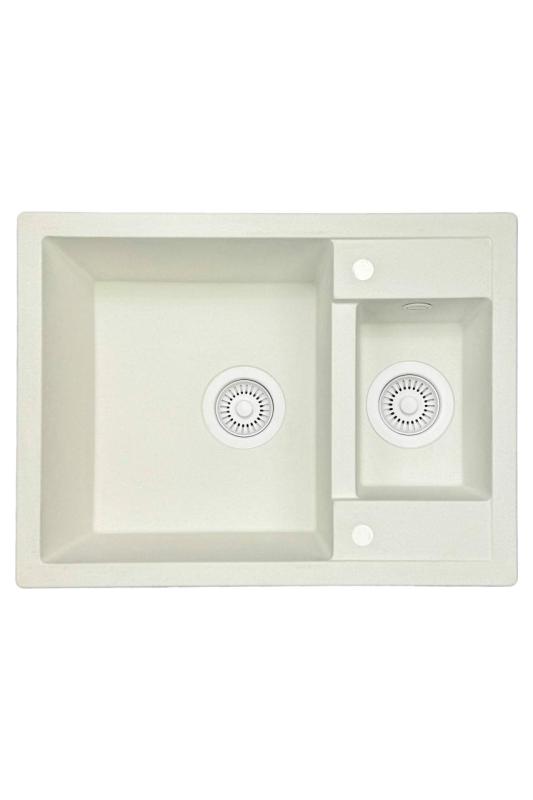 GraniteMy Smart extra flache 1,5 Granit Aufsatzspüle in Weiß 58x44cm mit weißem Stopfen und Abdeckung 1208970052.