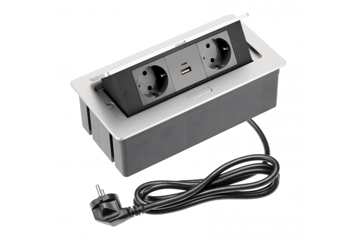 Möbelsteckdose SOFT 2x Schuko-Steckdose, USB A+C, Stromkabel mit Stecker, Aluminium