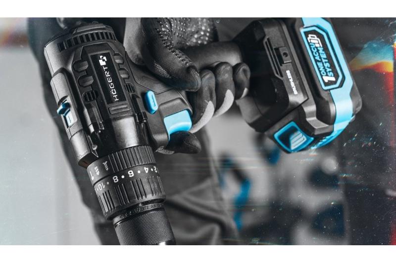 Högert Akku-Schlagbohrmaschine 18V für Ziegel, Stein, Holz, Metall.