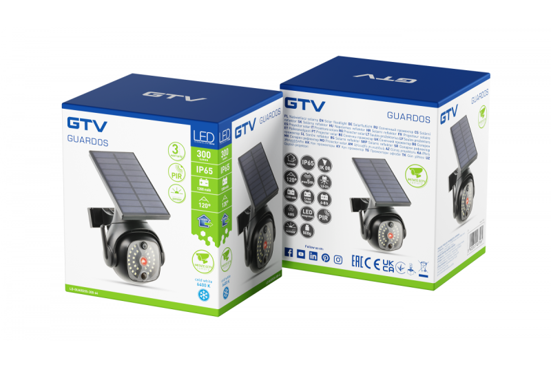 Sonnenflutlicht mit Bewegungs- und Dämmerungssensor GUARDOS, LED, 300lm, 6400K, 1200mAh, IP65, Dummy-Kamera