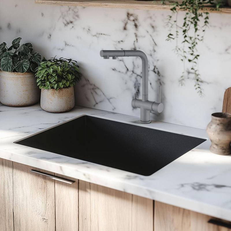 Ausmann Ellington 3-Wege-Küchenarmatur mit ausziehbarem Auslauf und gefiltertem Wasser – Grau – 1208970494