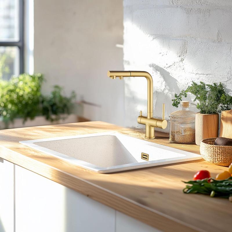 Ausmann Ellington 3-Wege Küchenarmatur mit Ausziehbarem Auslauf und Gefiltertem Wasser – Gold – 1208970498