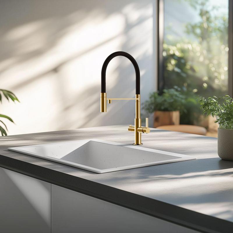 Ausmann Claridge 3-Wege Küchenarmatur mit flexiblem Auslauf und gefiltertem Wasser – Gold - 1208970504