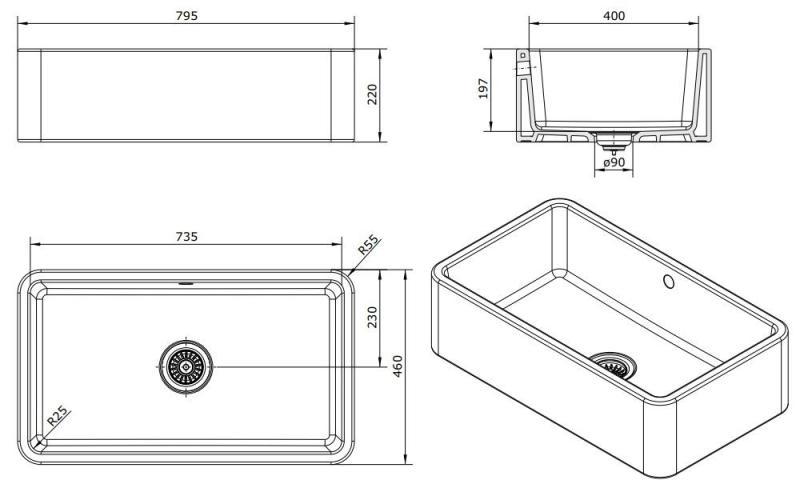 Ausmann Keramik Mira Keramisches Weißes Spülbecken - Unterbau und Zwischenbau 795 x 460 mm 1208970515
