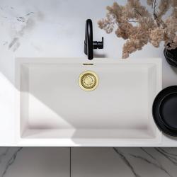Weiße große Spüle 70x40 cm Unterbau, Aufsatz und Flacheinbau mit goldenem Stöpsel 1208970522