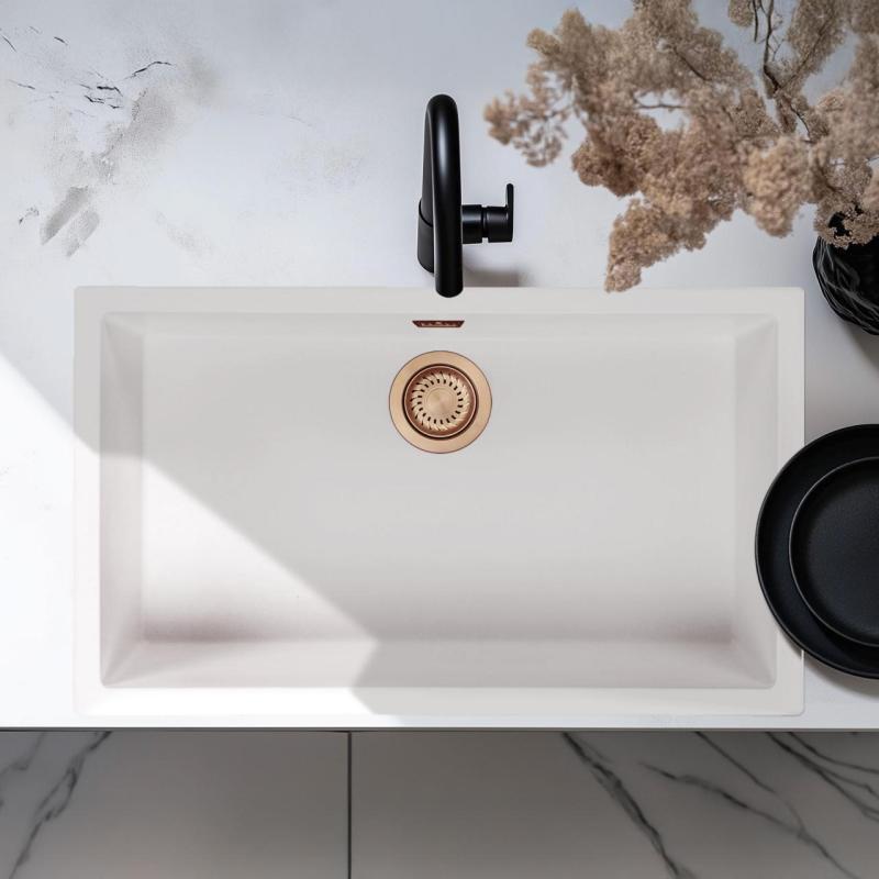 Weiße große Spüle 70x40 cm Unterbau, Aufsatz und Flächenbündig mit Kupferstopfen 1208970523