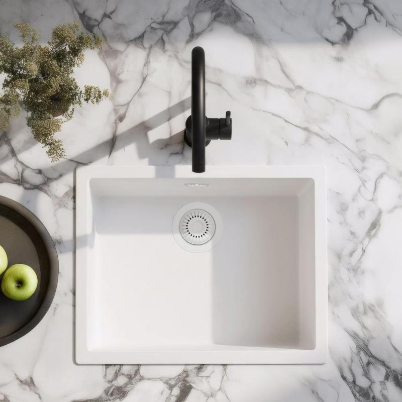 Weiße Spüle 50x40 cm Unterbau, Aufsatz und Flacheinbau mit weißem Stopfen 1208970531