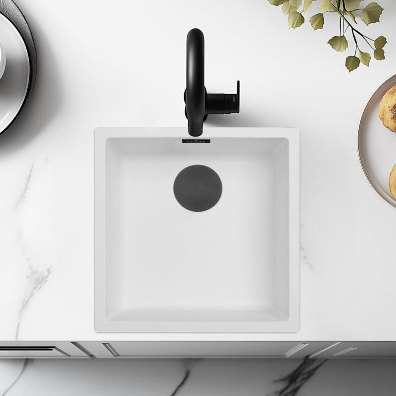 Weiße Spüle 40x40 cm Unterbau, Aufsatz und Flachaufbau mit Mattschwarzem Stopfen 1208970535