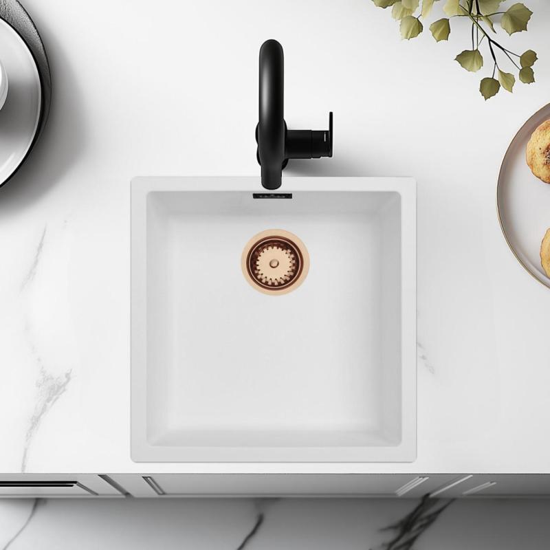 Weiße Spüle 40x40 cm Unterbau, Aufsatz und Flachbau mit Kupferstopfen 1208970538