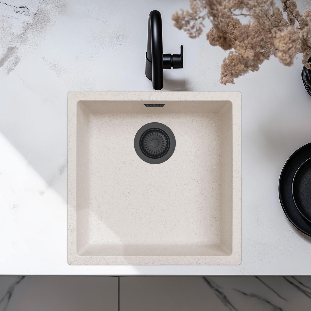 Zand Weiß Creme Spülbecken 40x40 cm Unterbau, Aufbau und Flacheinbau mit Matt Schwarzem Stopfen 1208970540