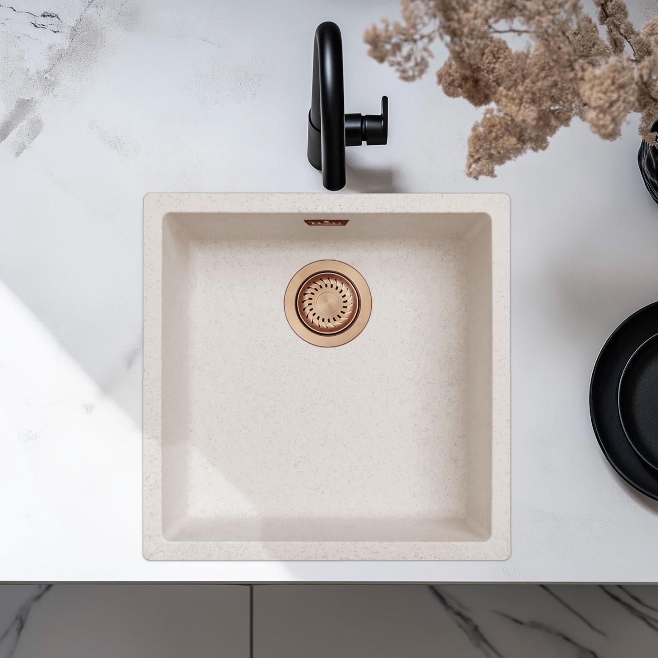 Sand Weiß Creme Spülbecken 40x40 cm Unterbau, Aufsatz und Flacheinbau mit Kupferstopfen 1208970543