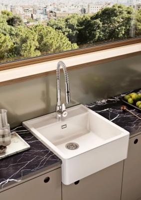 Ausmann Ceramic Panor Shade Keramik-Spülbecken Butler, weiß – Unterbau und Zwischenbau 630 x 597 mm mit Lochbank und Gun Metal-Stopfen 1208970551