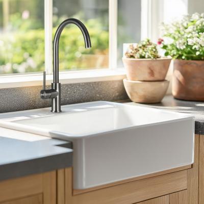 Ausmann Ceramic Panor Shade Keramik-Spülbecken Butler in Weiß – Unterbau und Zwischenbau 630 x 597 mm mit Lochbank und mattschwarzer Stopfen 1208970554