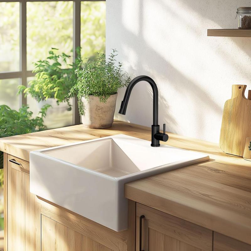 Ausmann Ceramic Panor Shade Keramische Weiße Butler Spüle - Unterbau und Zwischenbau 630 x 597 mm mit Armaturenbank und Edelstahl-Stöpsel 1208970560