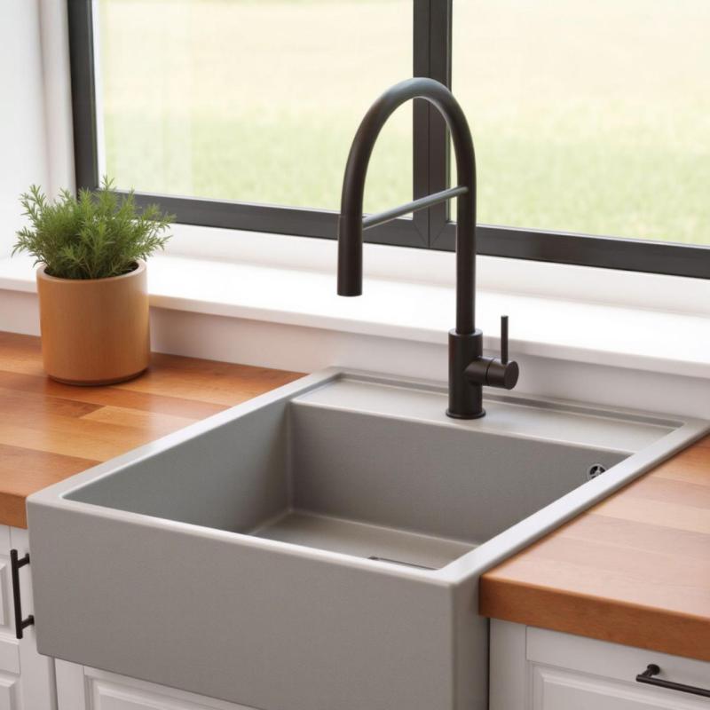 Graniteland Arno Granit Graues Spülbecken Einbau 582x620mm mit quadratischem Edelstahl-Stopfen 1208970605