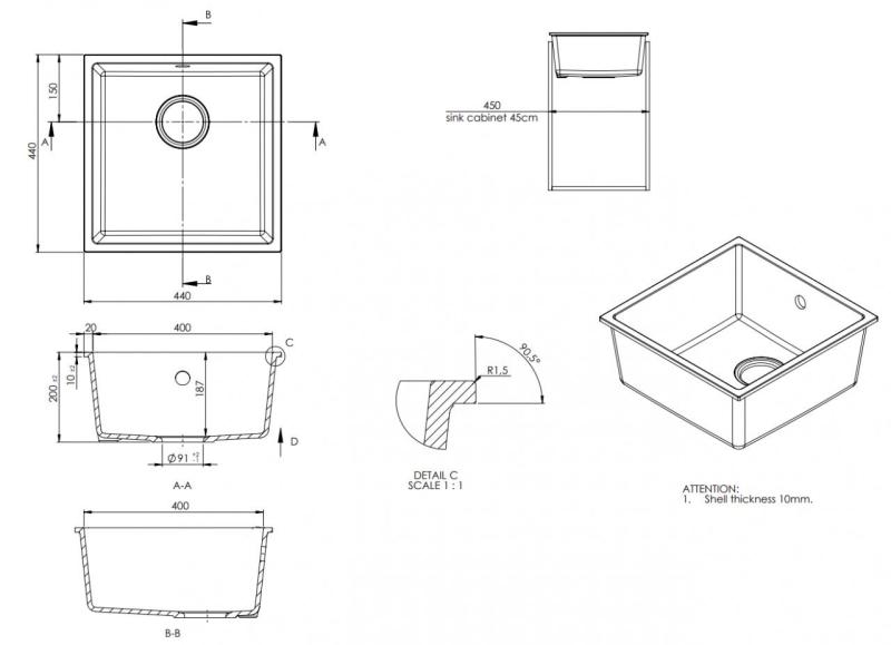 GraniteMy Universal Granit Grau, dunkel Spüle 40x40 cm Aufbau, Unterbau und Flächenbündiger Einbau mit Edelstahl Stopfen 1208970742