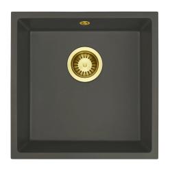 GraniteMy Universal Granit Grau, dunkel Spülbecken 40x40 cm Aufbau, Unterbau und Flächenbündiger Einbau mit goldenem Stecker 1208970748