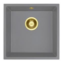 GraniteMy Universal Granit Grau Spülbecken 40x40 cm Aufsatz, Unterbau und Flächenbündig mit goldenem Plug 1208970752