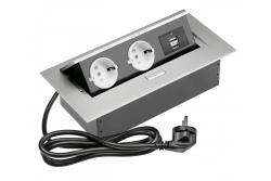 Schreibtischverlängerungskabel 2x Schuko-Steckdose, 2x USB, Stromkabel mit Stecker, Aluminium