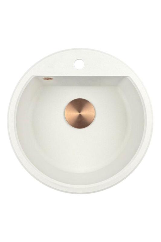 GraniteMy Bremen runder Granitwaschbecken 43 cm weiß Aufbau und Unterbau mit Wasserhahnlochbank mit Kupferstöpsel 1208971222