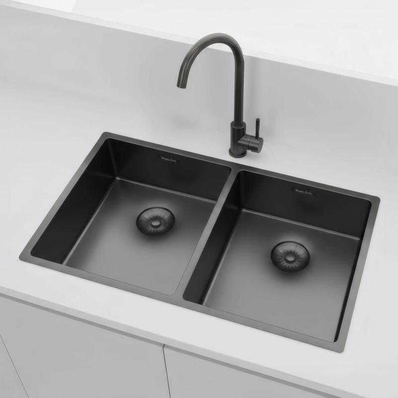 Pure.Sink Prestige Doppelte Gun Metal Spüle 70x40 cm 10mm Radius Unterbau, Flachbau und Aufbau PPG343440-61