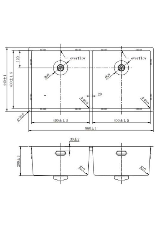 Pure.Sink Prestige Doppelte Gun Metal Spüle 82x40 cm 10mm Radius Unterbau, Flachbau und Aufbau PPG404040-61