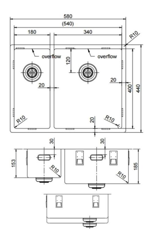 Pure.Sink Exclusivo Kupfer 1,5 anderthalb Spülbecken 18+34cm 10mm Radius PEX183440-62