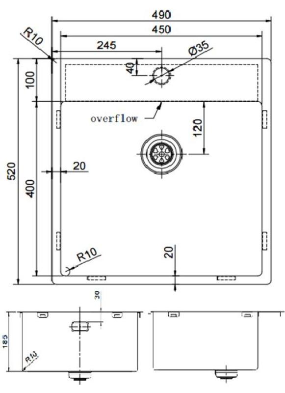 Pure.Sink Exclusivo Gun Metal Spüle 49x52 cm Tapwing mit Lochbank für Wasserhahn 10mm Radius PEX4540T-61