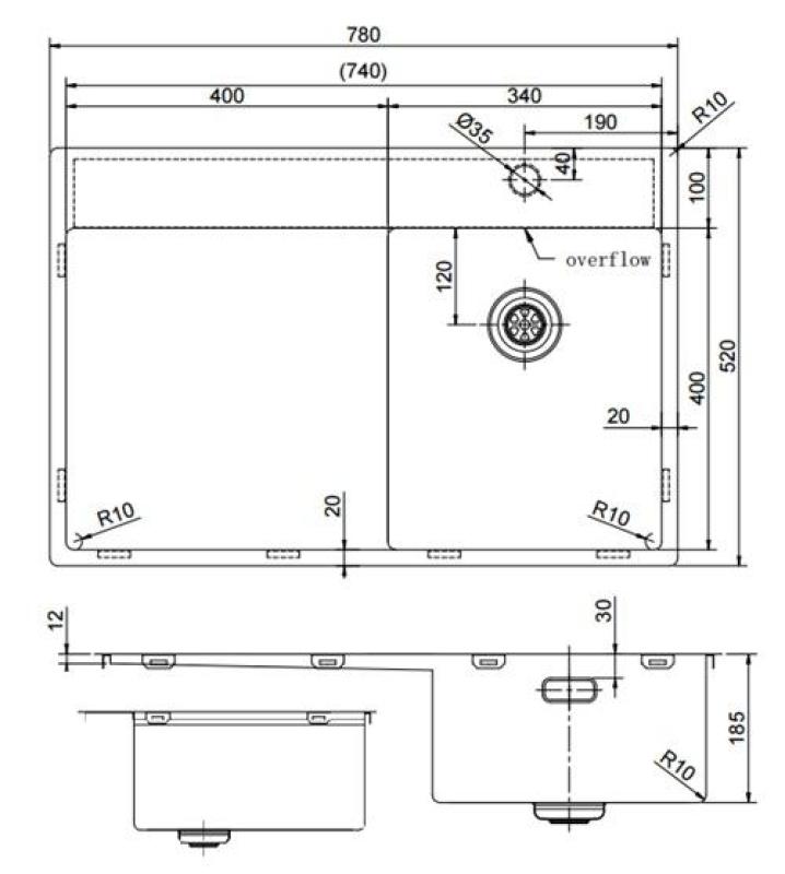 Pure.Sink Exclusivo RVS kleine Spüle mit Abtropffläche 78x52 cm Tapwing rechts PEX3478RT-02