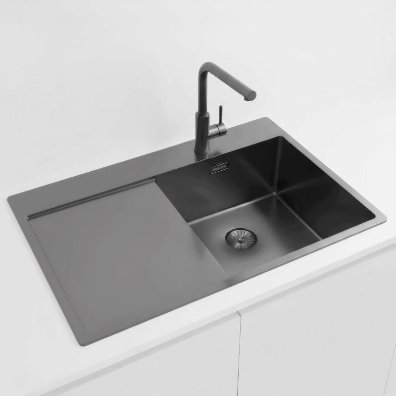 Pure.Sink Exclusivo Gun Metal Spülbecken mit Abtropffläche 78x52 cm Tapwing rechts PEX4078RT-61