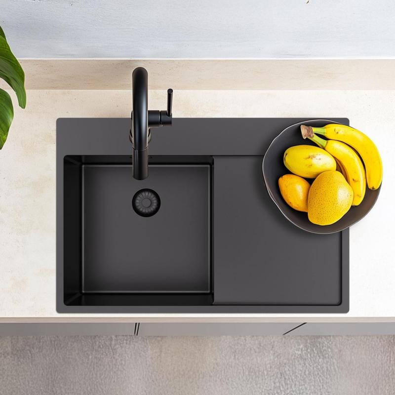 Pure.Sink Exclusivo Gun Metal Spülbecken mit Abtropffläche 78x52 cm Tapwing rechts PEX4078RT-61