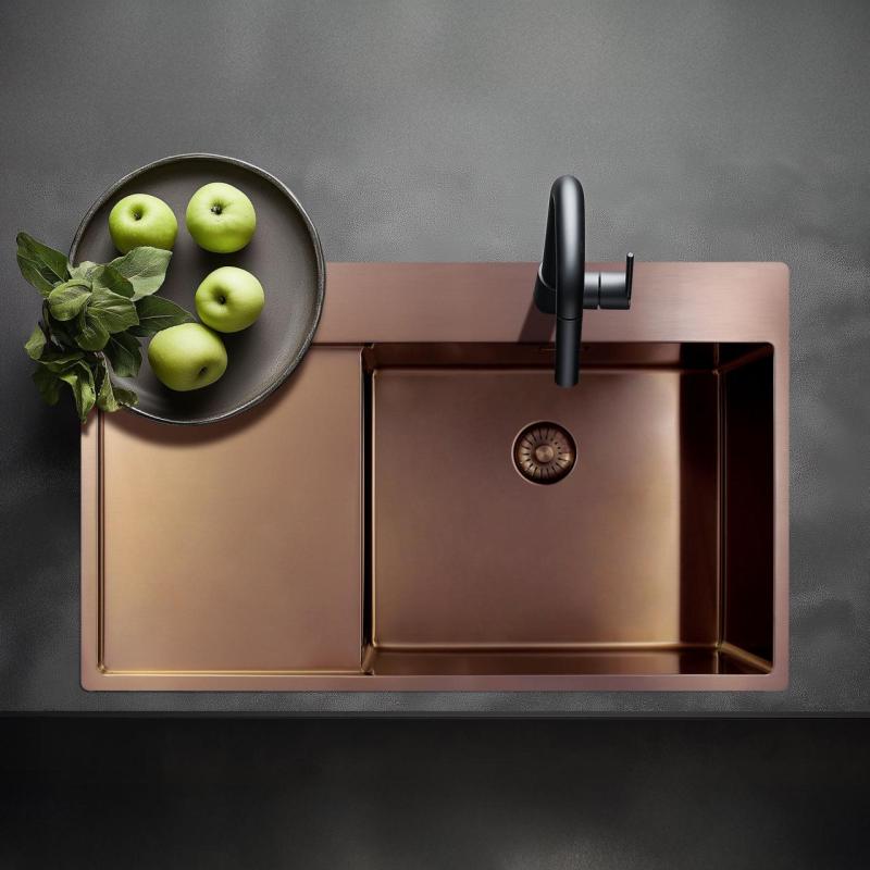 Pure.Sink Exclusivo Kupfer Spülbecken mit Abtropffläche 86x52 cm Tapwing links PEX5086LT-62
