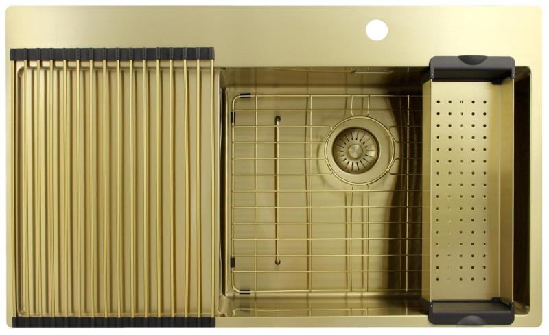 Pure.Sink Exclusivo Goldene Spülbecken mit Abtropffläche 86x52 cm Tapwing rechts PEX5086RT-60