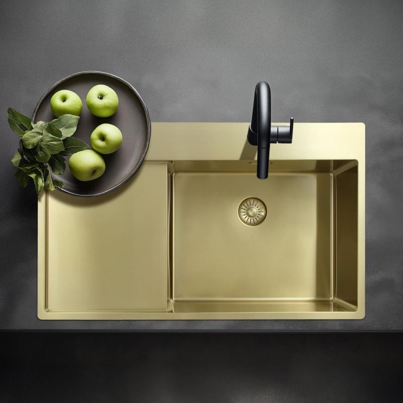 Pure.Sink Exclusivo Goldene Spülbecken mit Abtropffläche 86x52 cm Tapwing rechts PEX5086RT-60